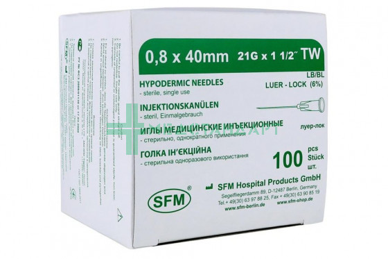 Игла медицинская инъекционная SFM 0,80 х 40 мм 21G TW №100 (4036534305027)