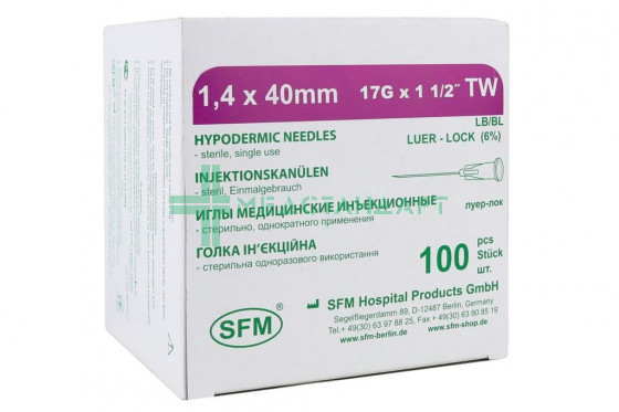Игла медицинская инъекционная SFM 1,4 х 40 мм 17G TW №100 (4036534315026)