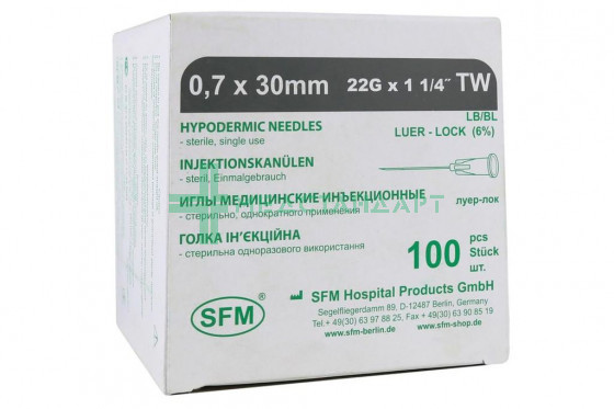 Игла медицинская инъекционная SFM 0,70 х 30 мм 22G TW №100 (4036534304020)